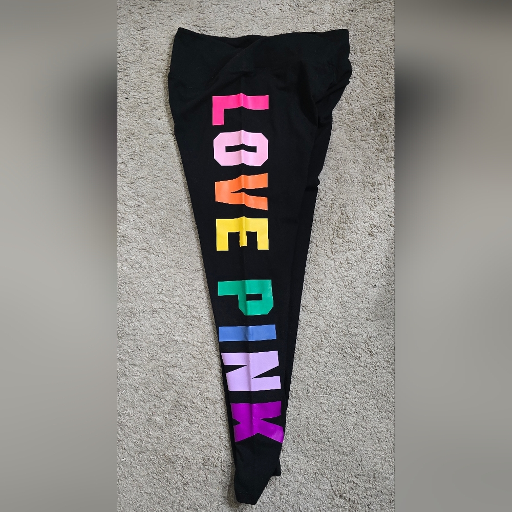 PINK Victoria's Secret Black Leggings with Multicolor LOVE PINK